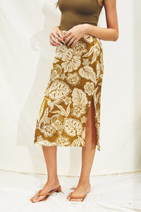 Palm Print Side Slit Midi Skirt