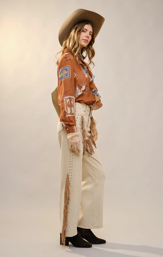 Western Print Ruffle Top