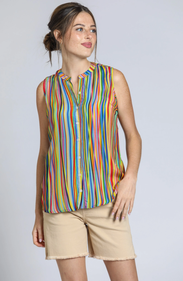 Sleeveless Striped Button Up