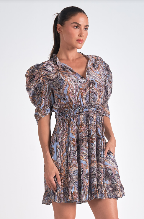 Puff Sleeve Paisley Dress