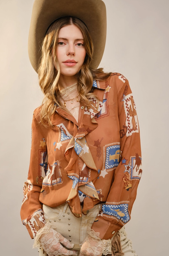 Western Print Ruffle Top