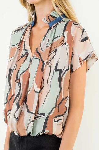 Abstract Print Split Neckline Top