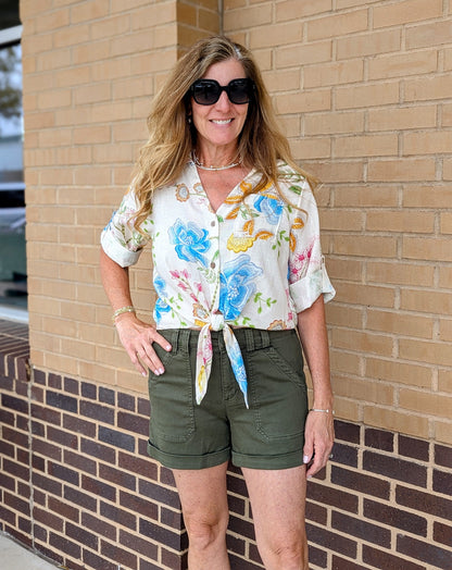 Tie Front Floral Button Up