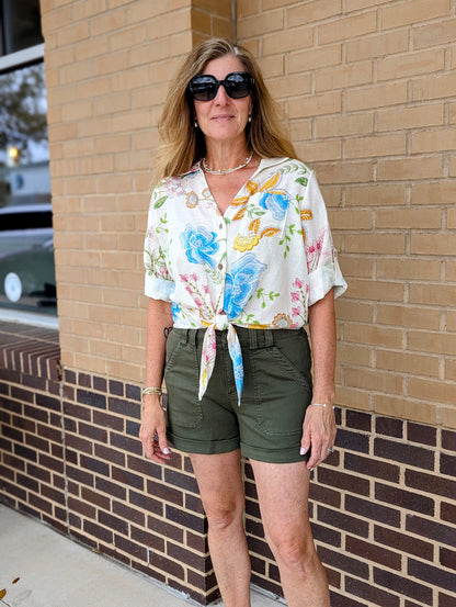 Tie Front Floral Button Up