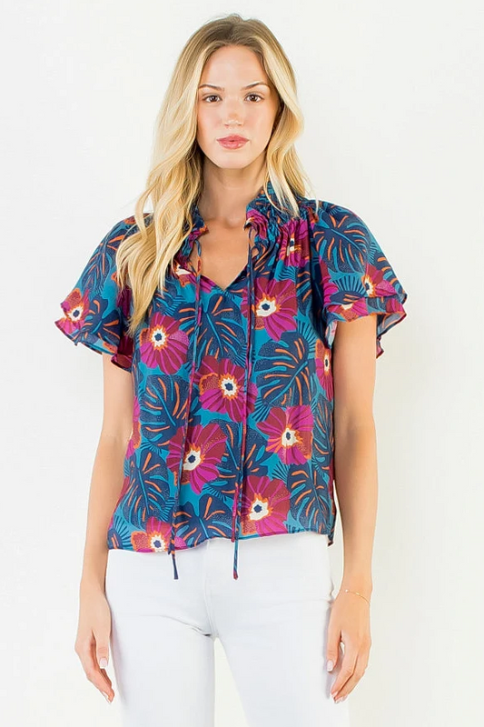 Patterned Flutter Sleeve Top