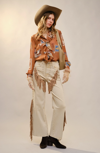 Western Print Ruffle Top