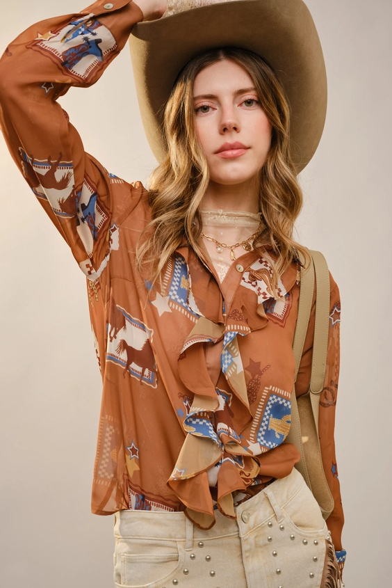 Western Print Ruffle Top