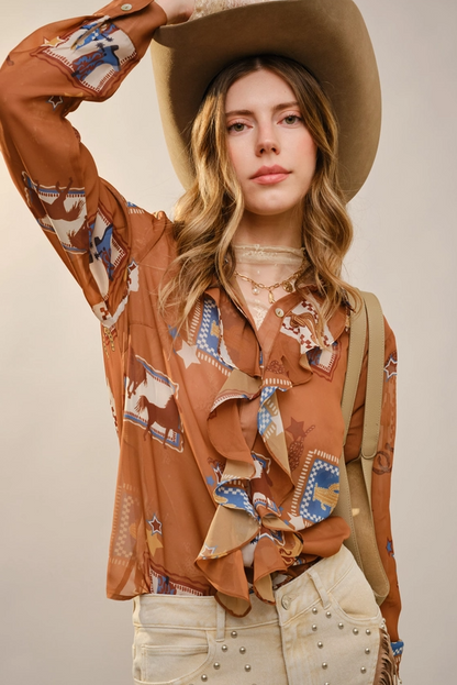 Western Print Ruffle Top