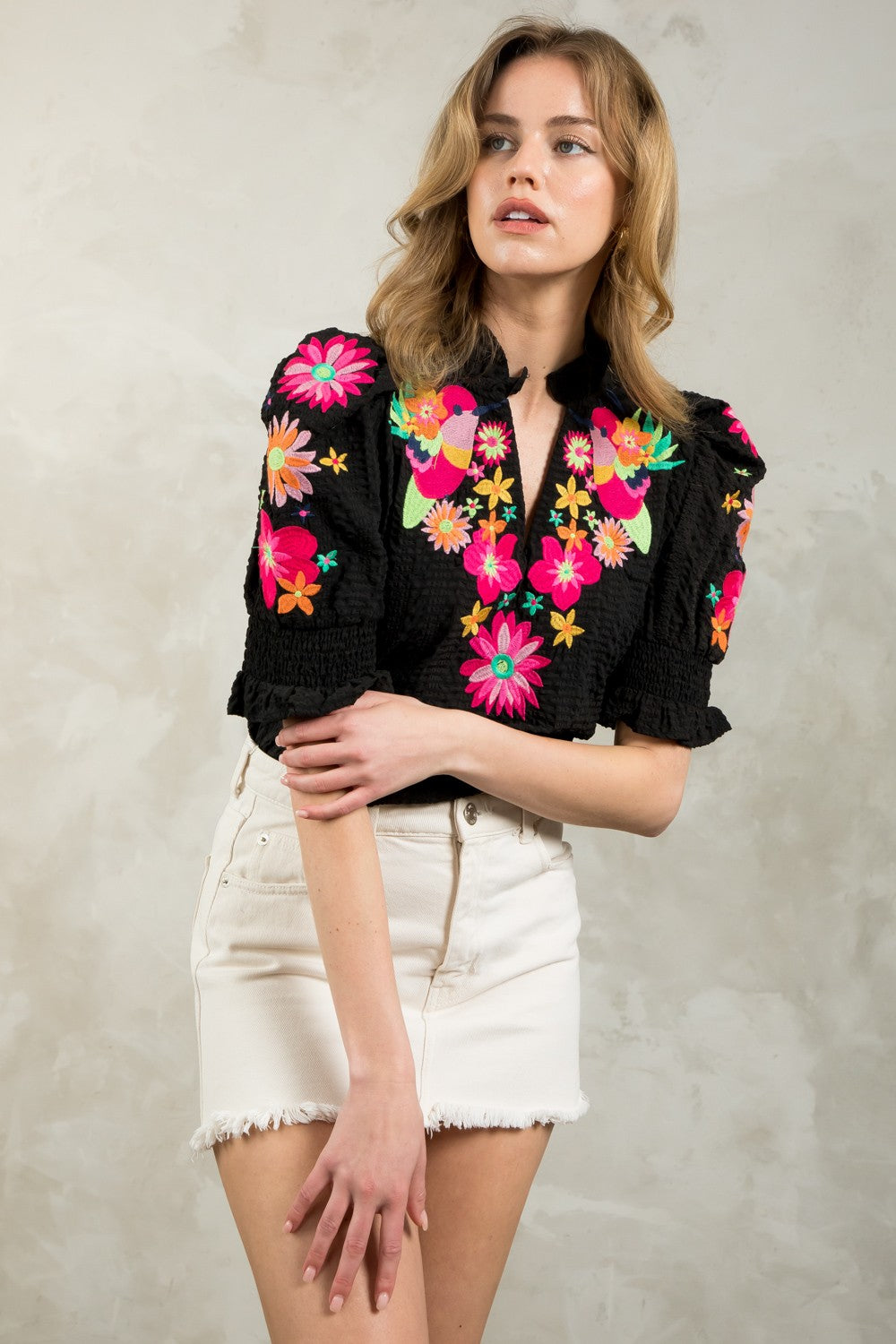 Contrast Embroidery Top