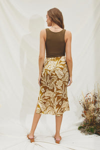 Palm Print Side Slit Midi Skirt
