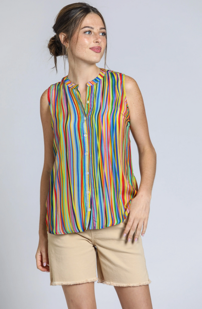 Sleeveless Striped Button Up