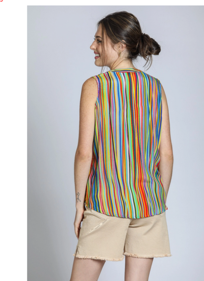 Sleeveless Striped Button Up