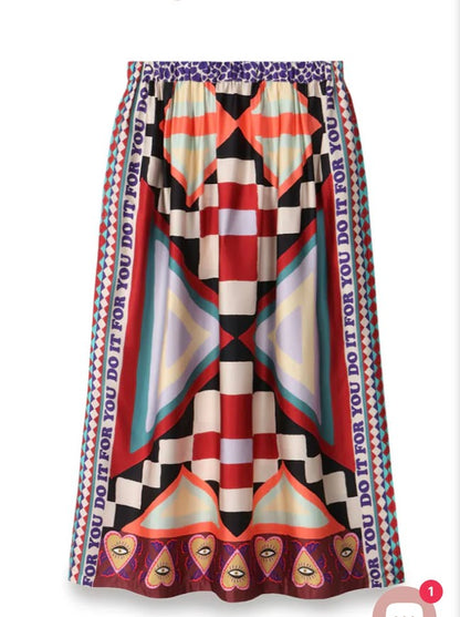 Me369 Printed Color Block Midi Skirt