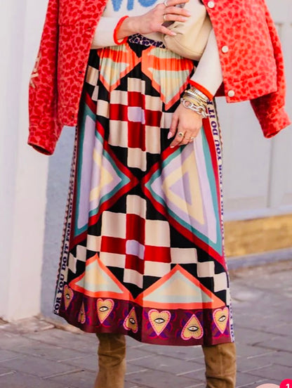 Me369 Printed Color Block Midi Skirt