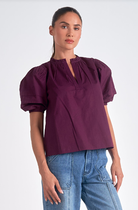 bubble sleeves, plum color, cotton materital, high neck, narrow v neck slit woman's shirt