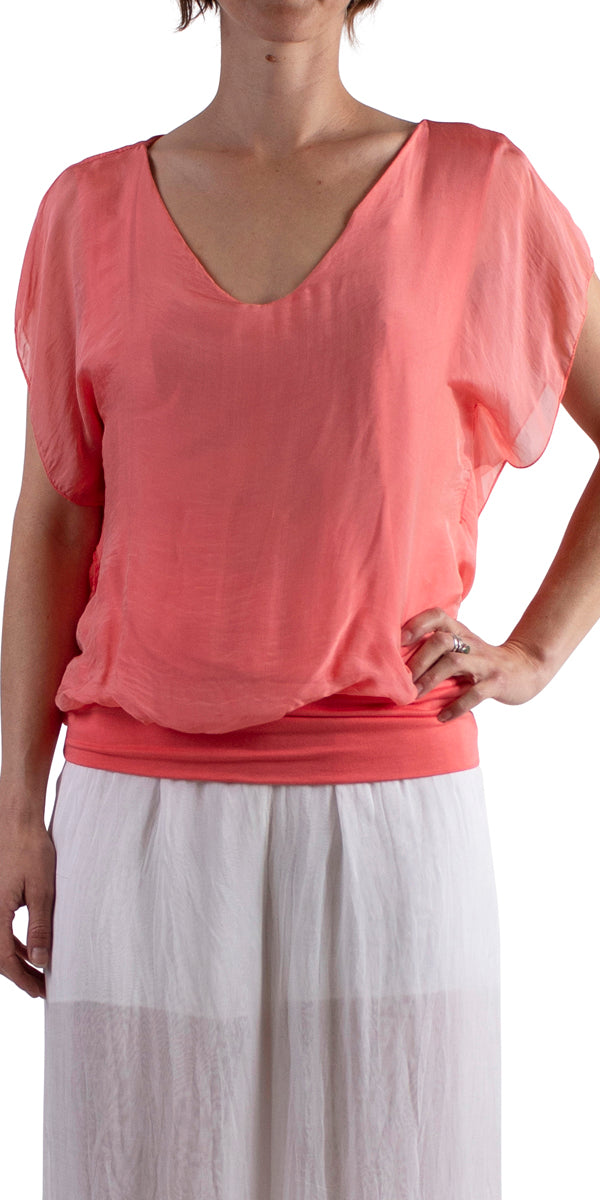 Banded Silk Top - Coral