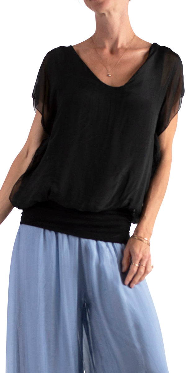 banded black ladies blouse with gauzy overlay